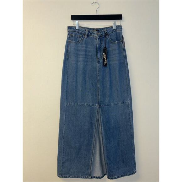 Denim Skirt Sz 2 Long Duster Medium Wash Quilted Slit Jean Maxi Skirt Hippie NWT - Picture 1 of 5